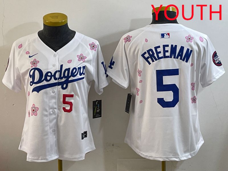 Youth Los Angeles Dodgers 5 Freeman White Sakura Edition 2025 Nike MLB Jersey style 6
